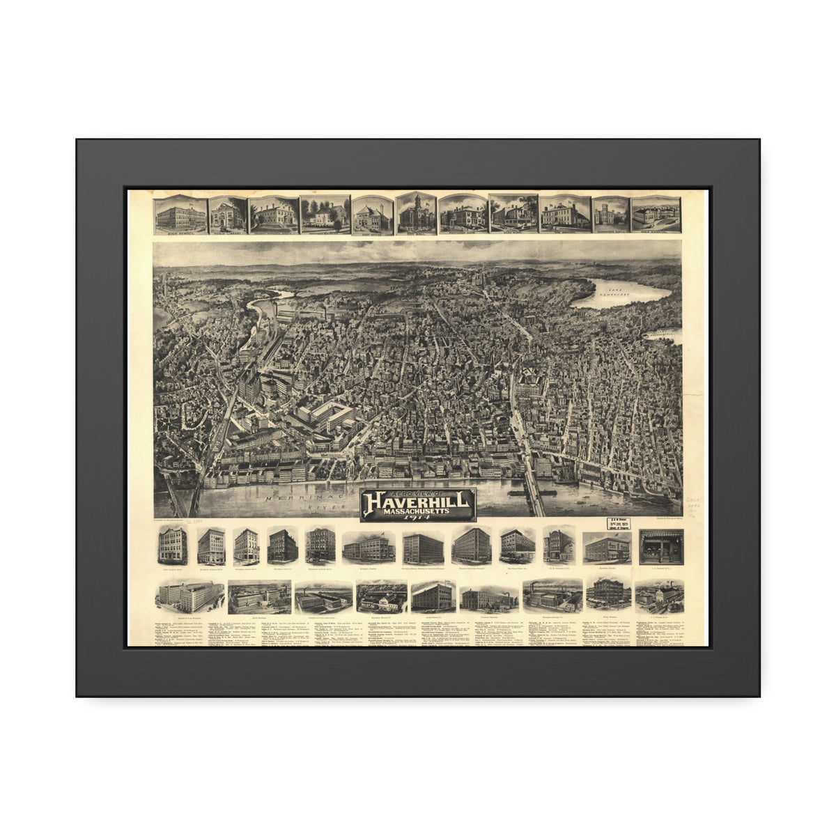 Haverhill, Massachusetts 1914 — Framed Bird's-Eye View Map