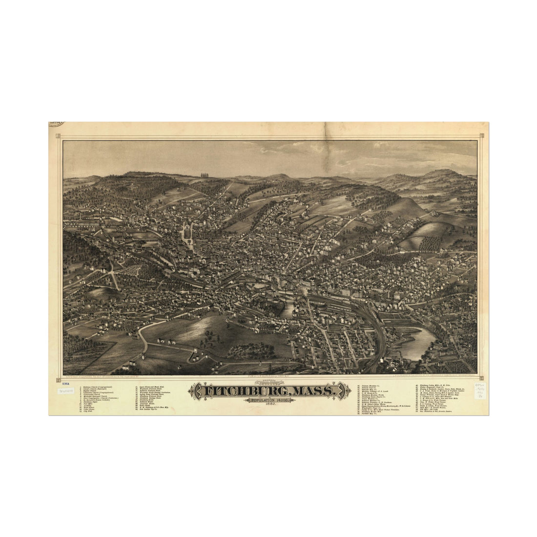 Fitchburg, Massachusetts 1882 — Bird's-Eye View Map Print