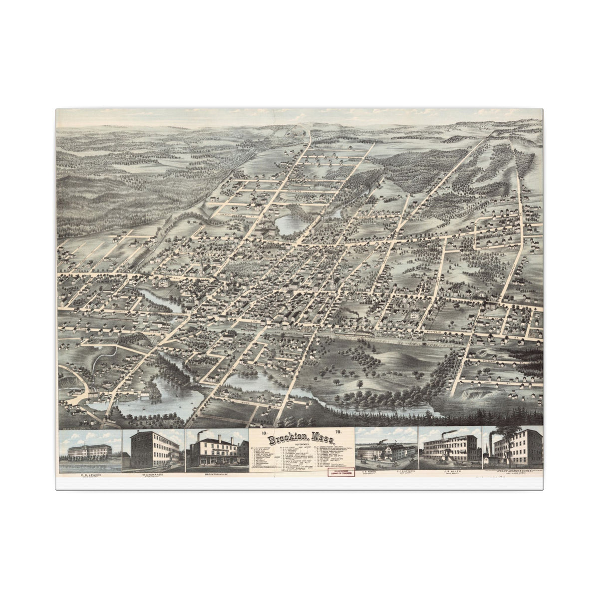 Brockton, Massachusetts 1878 — Bird's-Eye View Map on Canvas