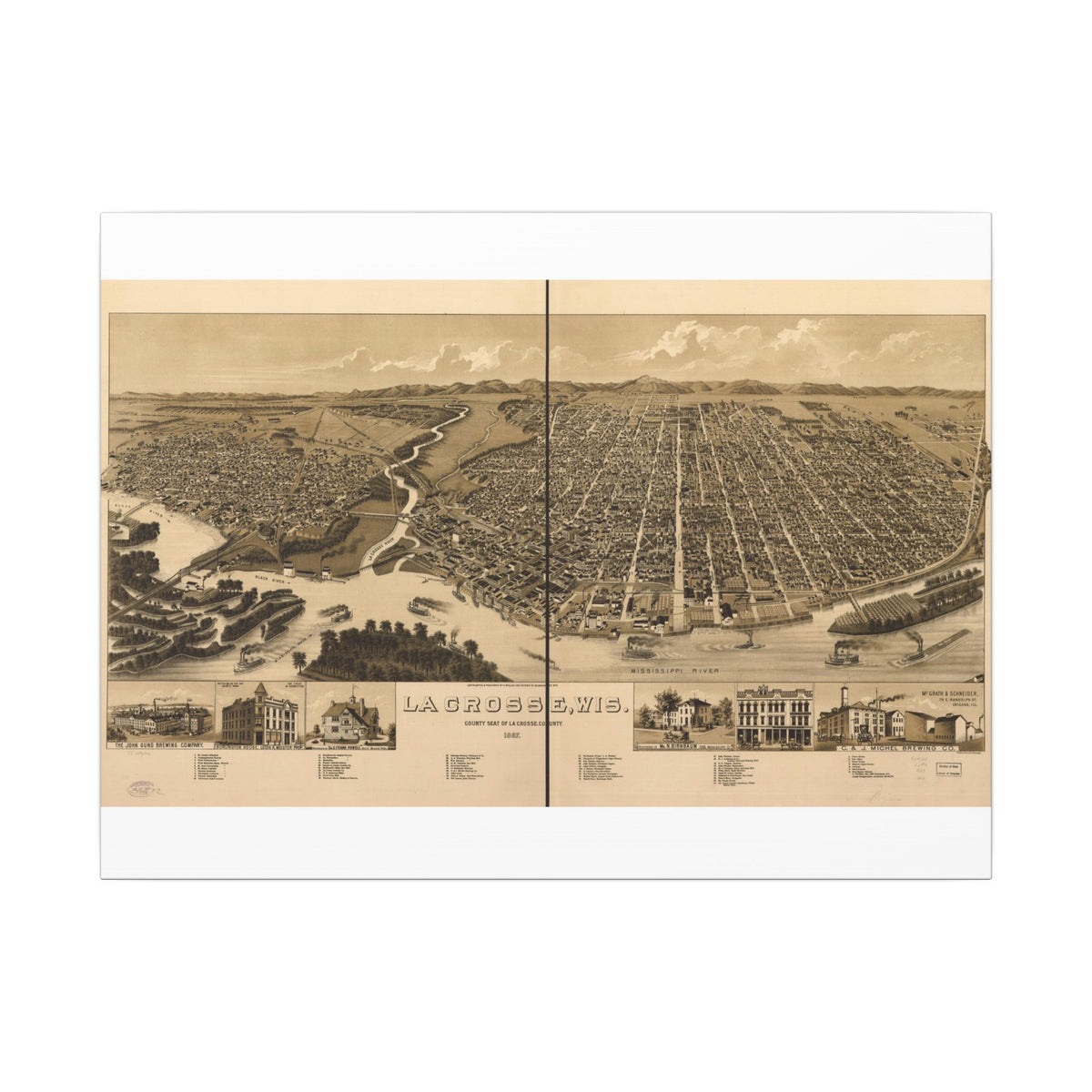 La Crosse, Wisconsin 1887 — Bird's-Eye View Map on Canvas