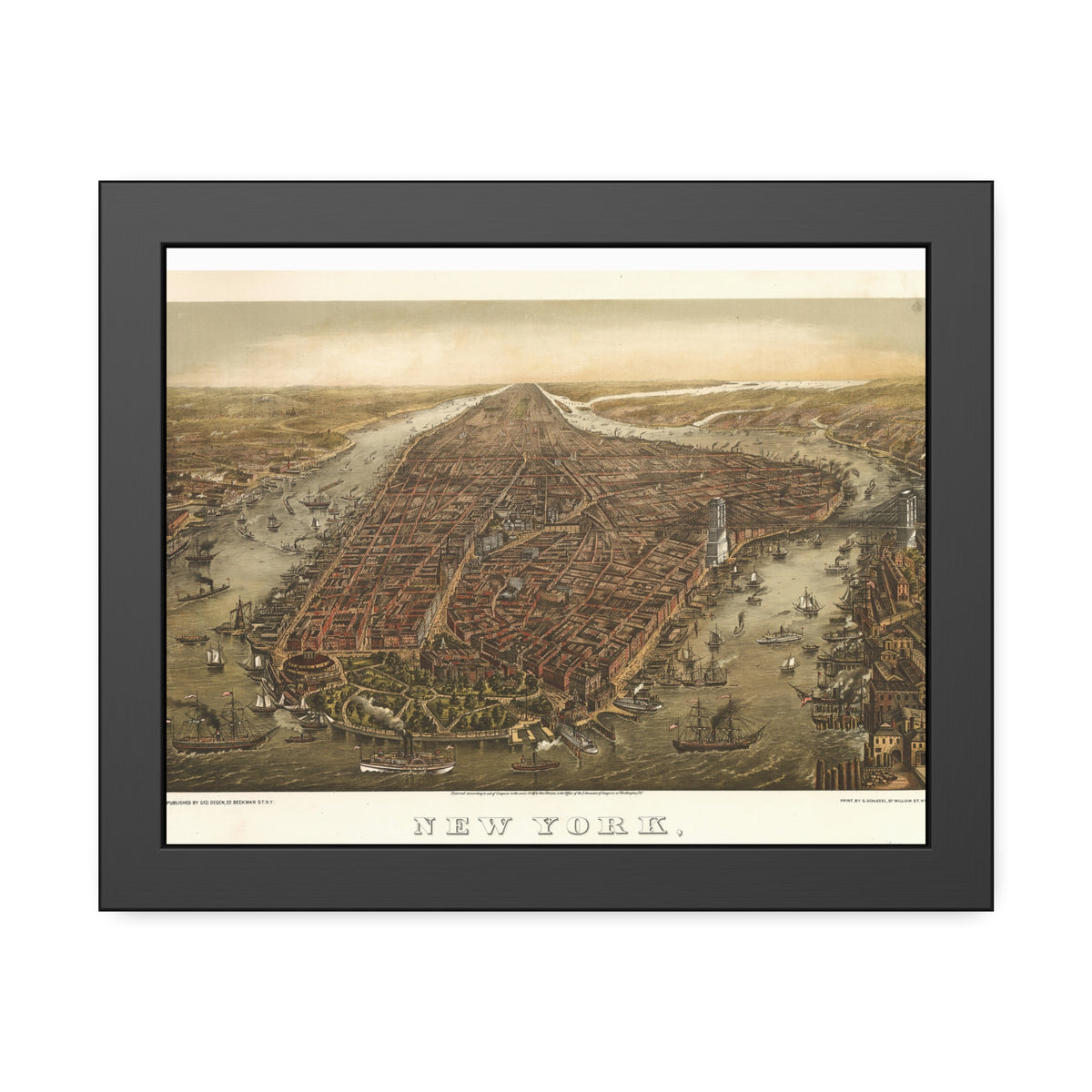 New York, New York 1873 — Framed Bird's-Eye View Map