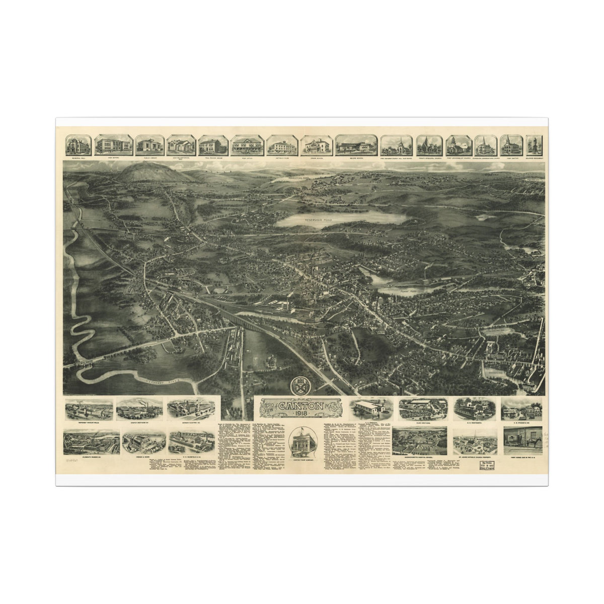 Canton, Massachusetts 1918 — Bird's-Eye View Map on Canvas
