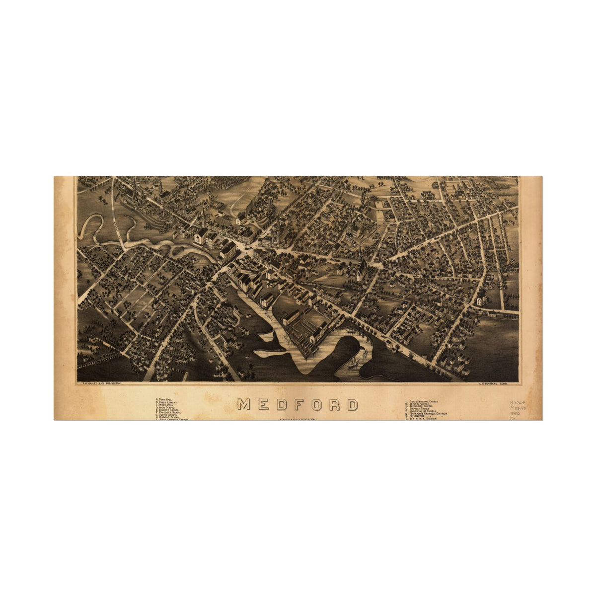 Medford, Massachusetts 1880 — Bird's-Eye View Map Print