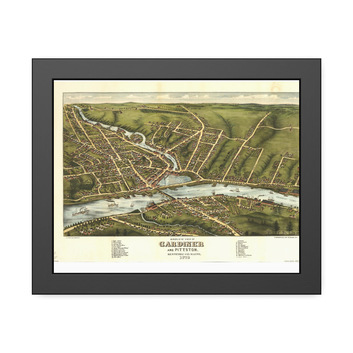 Gardiner, Maine 1878 — Framed Bird's-Eye View Map