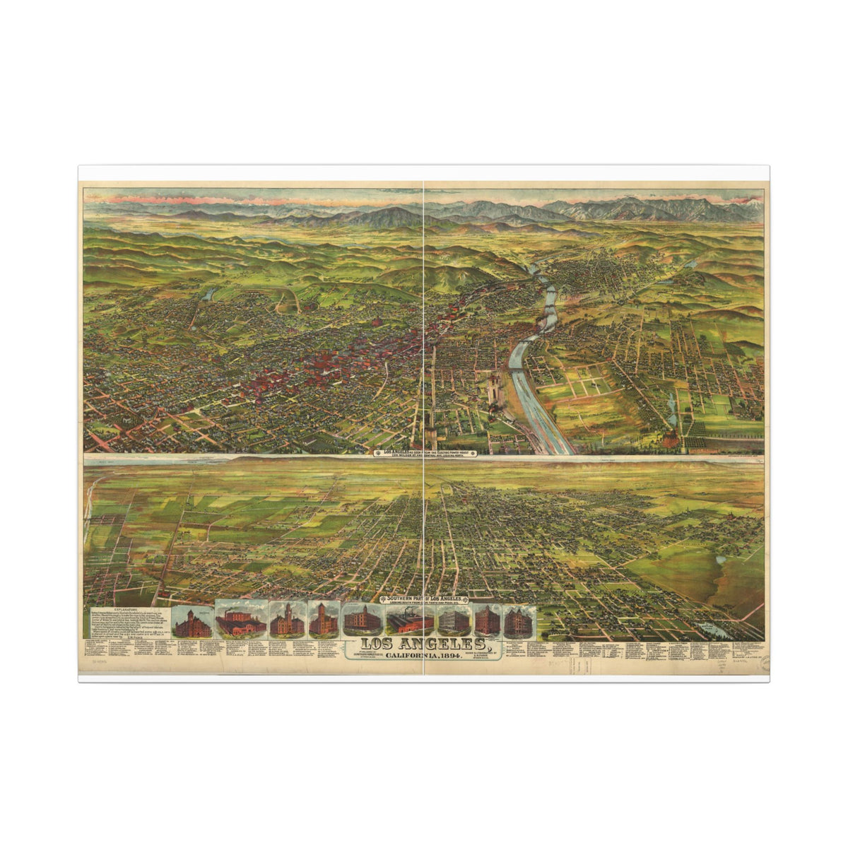 Los Angeles, California 1894 — Bird's-Eye View Map on Canvas