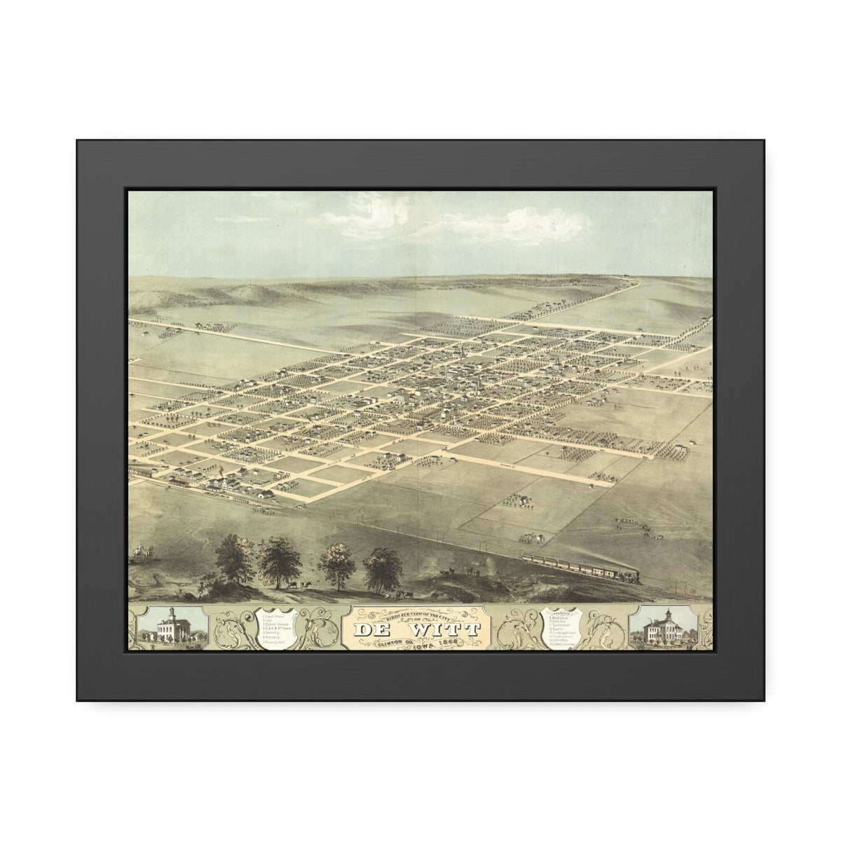 De Witt, Iowa 1868 — Framed Bird's-Eye View Map