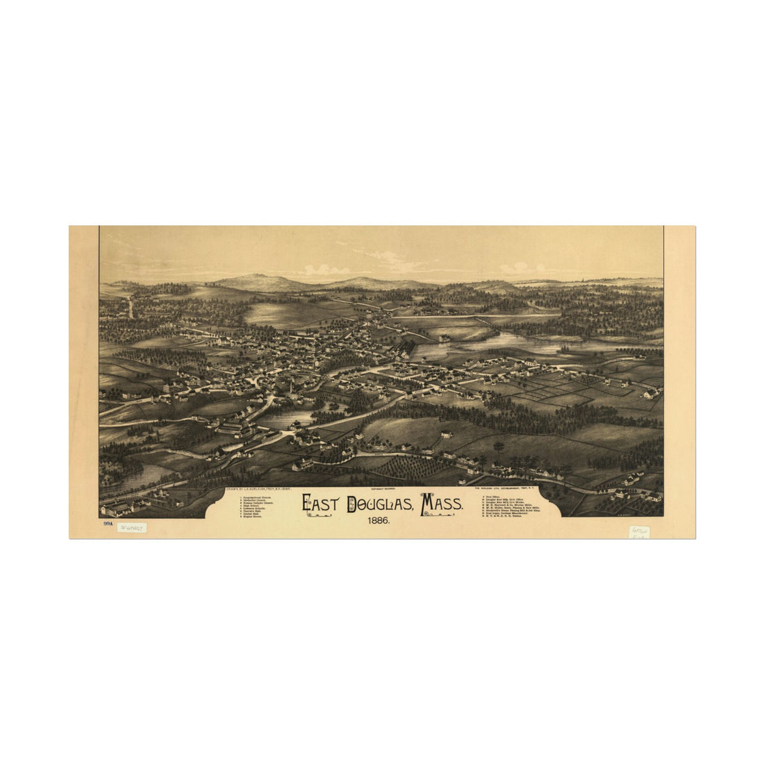 East Douglas, Massachusetts 1886 — Bird's-Eye View Map Print