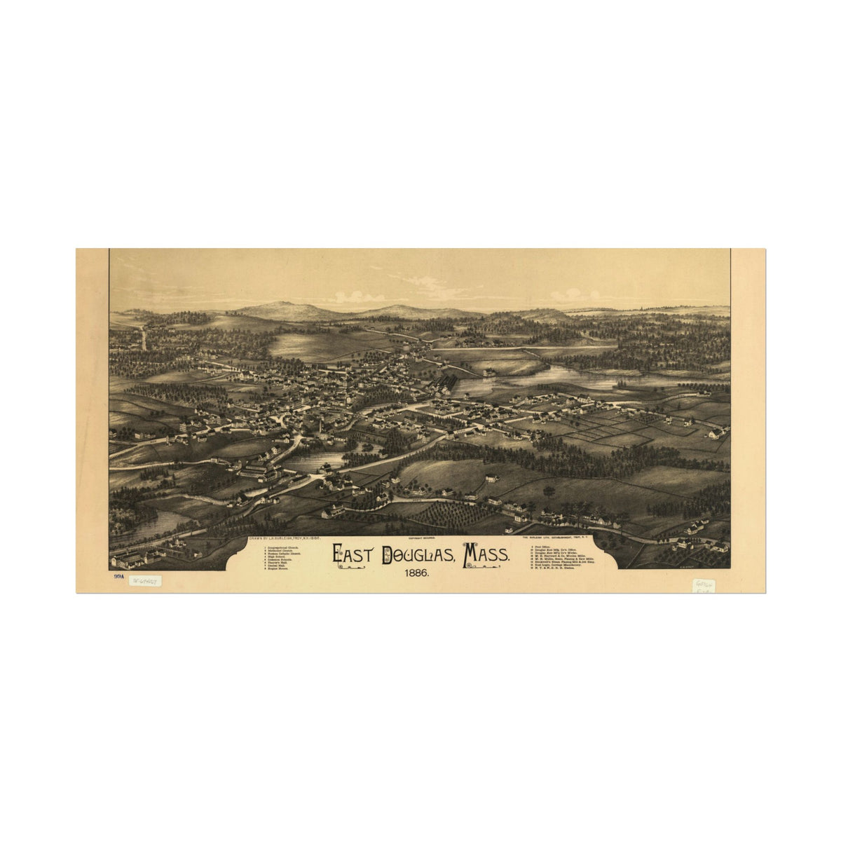 East Douglas, Massachusetts 1886 — Bird's-Eye View Map Print