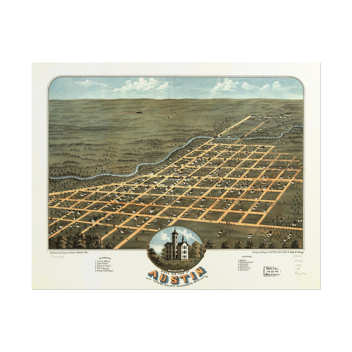 Austin, Minnesota 1870 — Bird's-Eye View Map Print