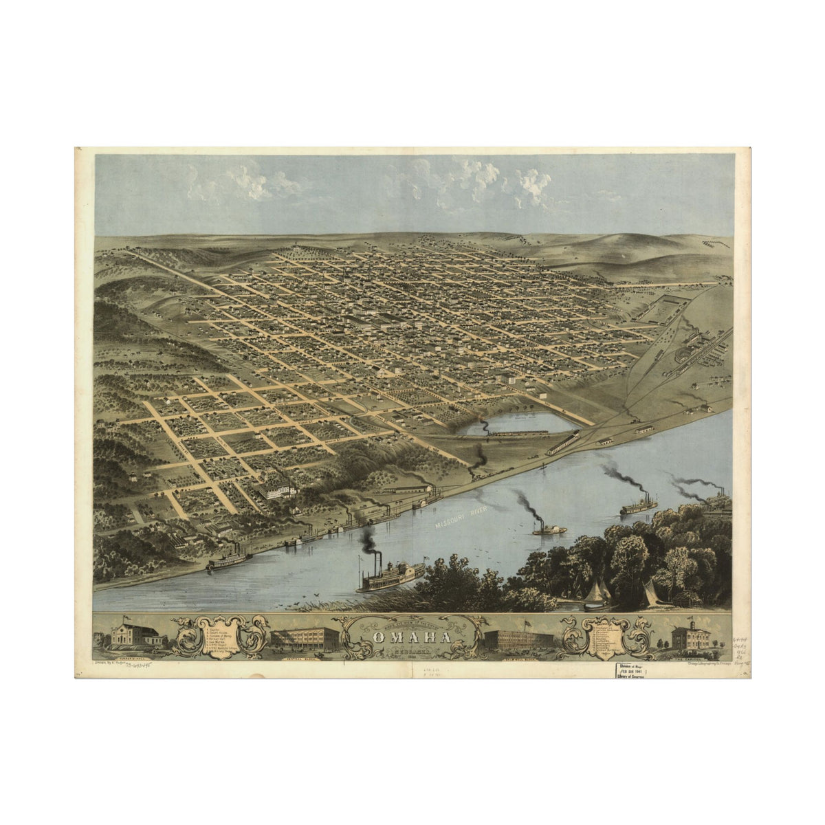 Omaha, Nebraska 1868 — Bird's-Eye View Map Print
