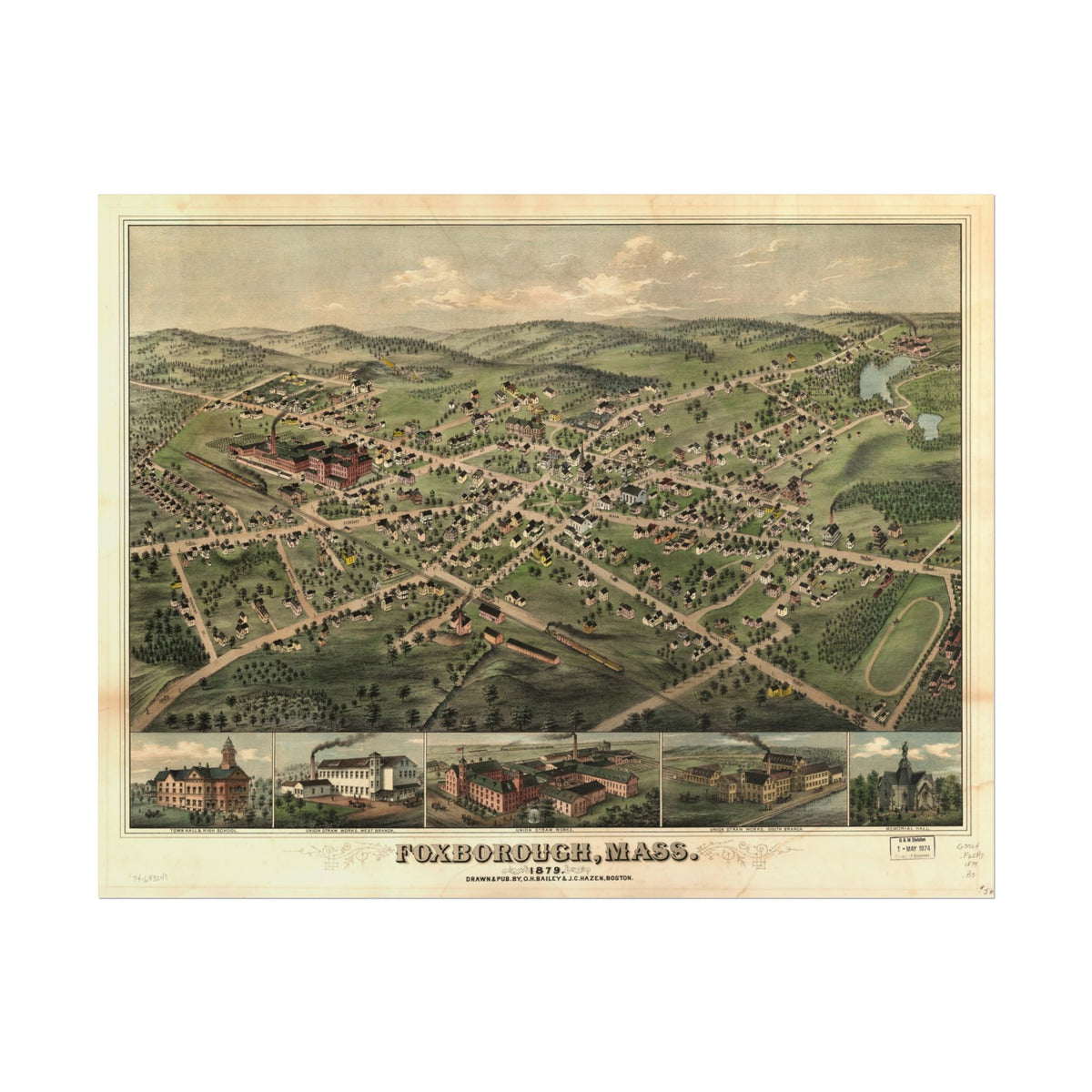Foxborough, Massachusetts 1879 — Bird's-Eye View Map Print