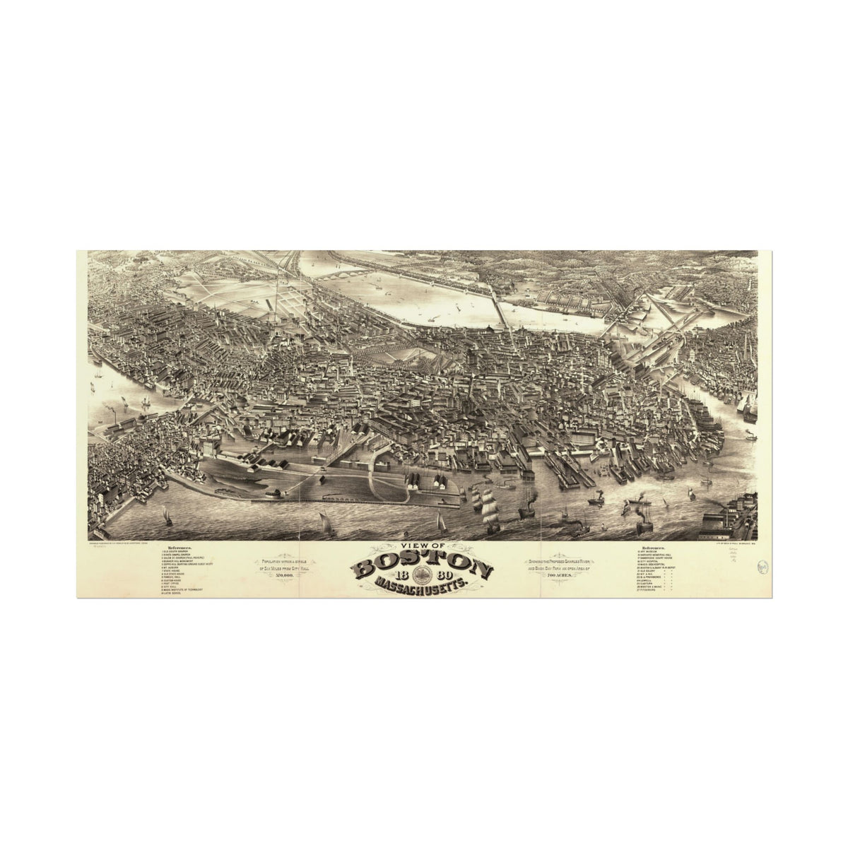 Boston, Massachusetts 1880 — Bird's-Eye View Map Print