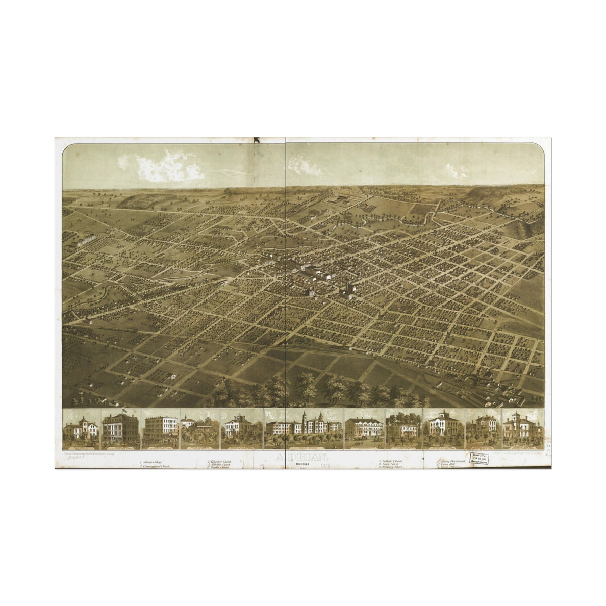 Adrian, Michigan 1866 — Bird's-Eye View Map Print