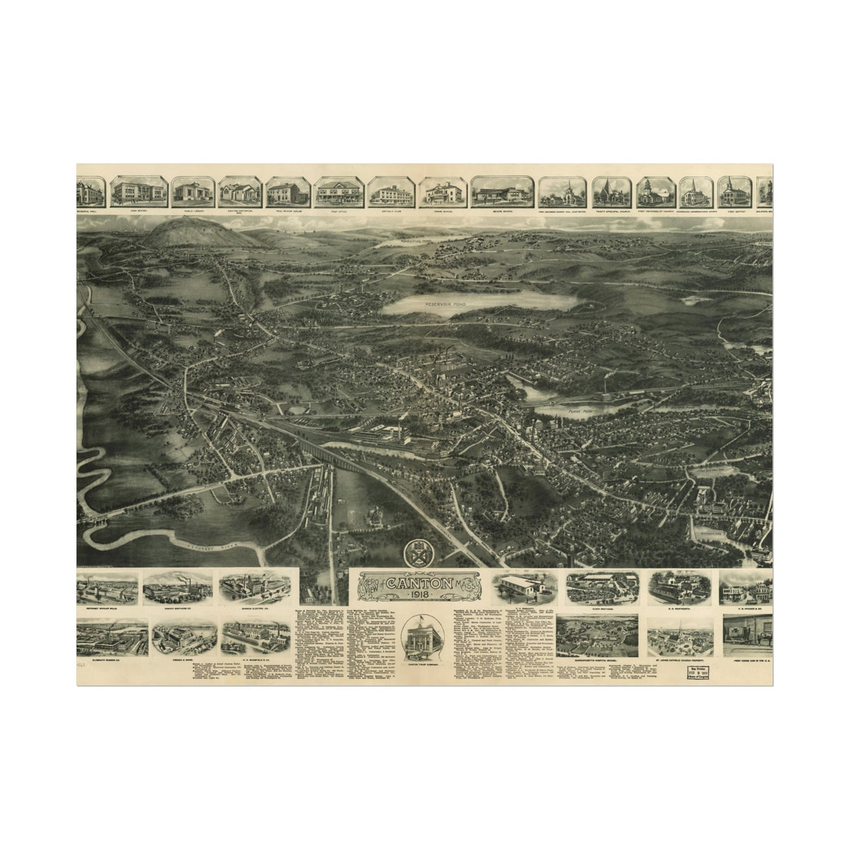 Canton, Massachusetts 1918 — Bird's-Eye View Map Print