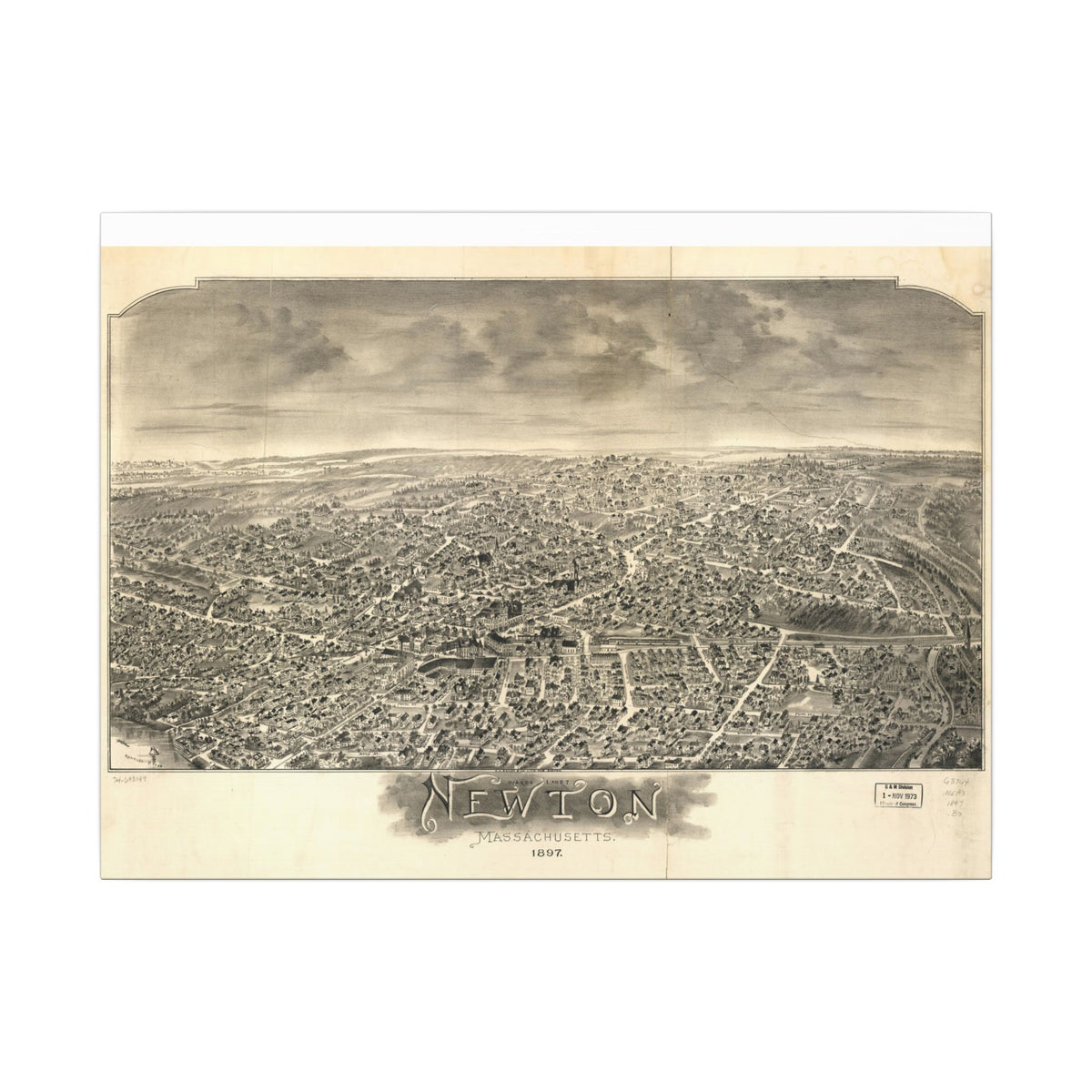 Newton, Massachusetts 1897 — Bird's-Eye View Map on Canvas