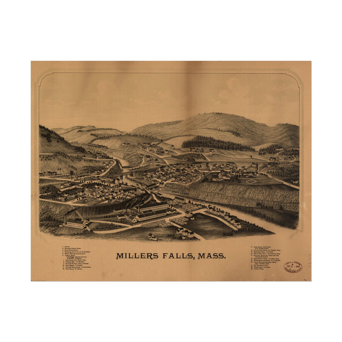 Millers Falls, Massachusetts 1800 — Bird's-Eye View Map Print