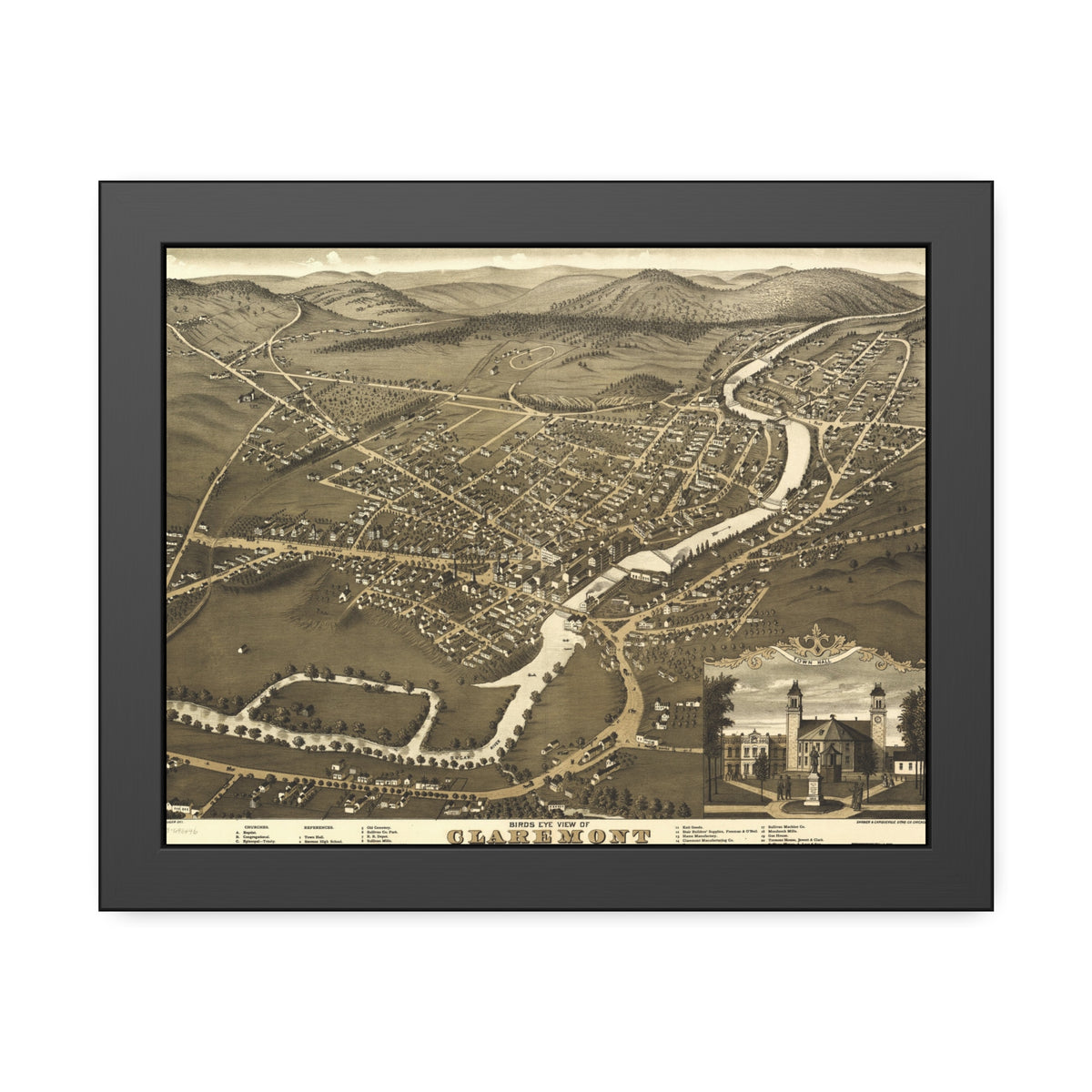 Claremont, New Hampshire 1877 — Framed Bird's-Eye View Map