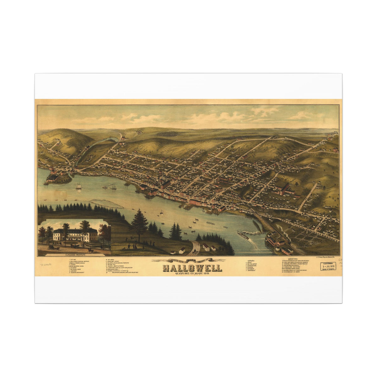 Hallowell, Maine 1878 — Bird's-Eye View Map on Canvas