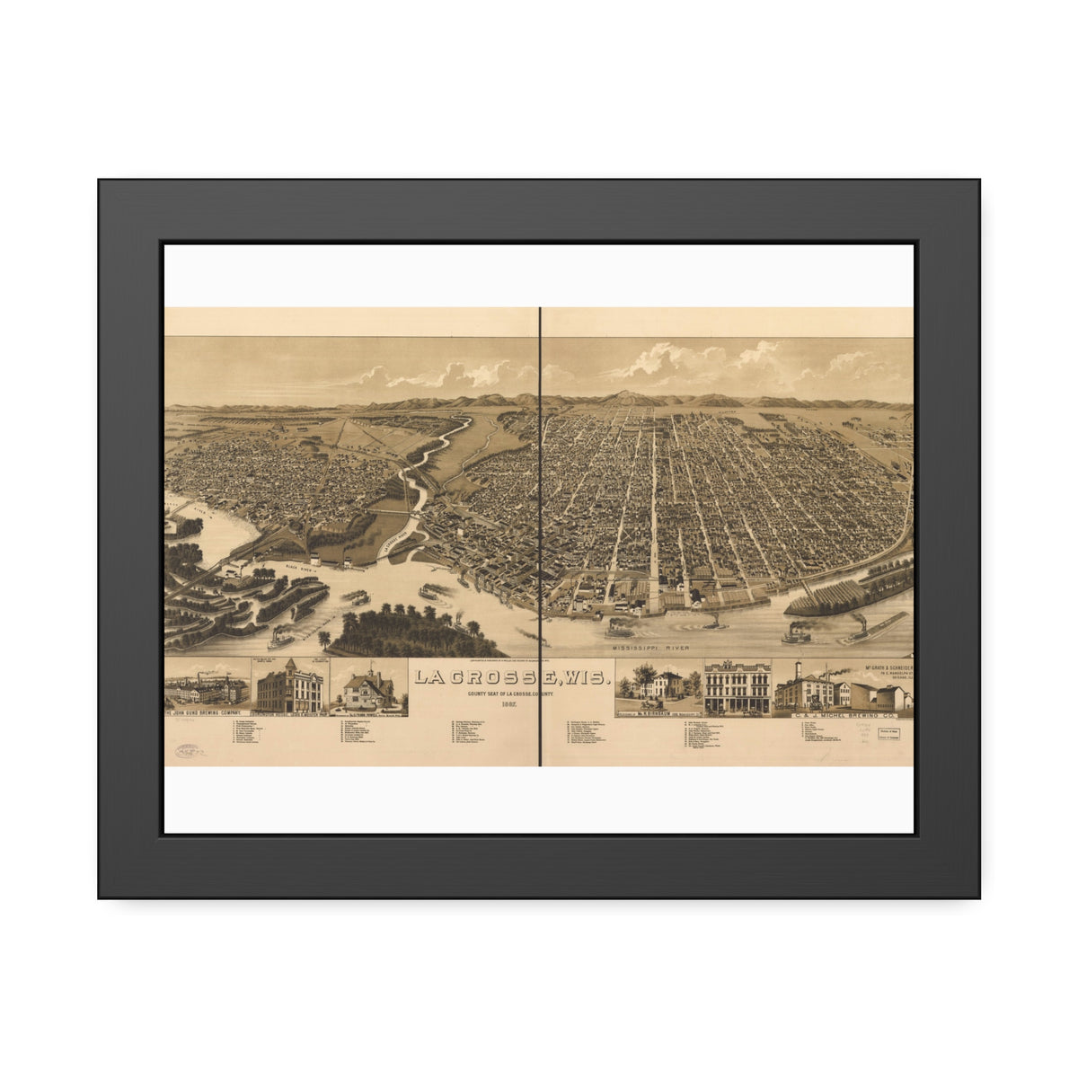 La Crosse, Wisconsin 1887 — Framed Bird's-Eye View Map