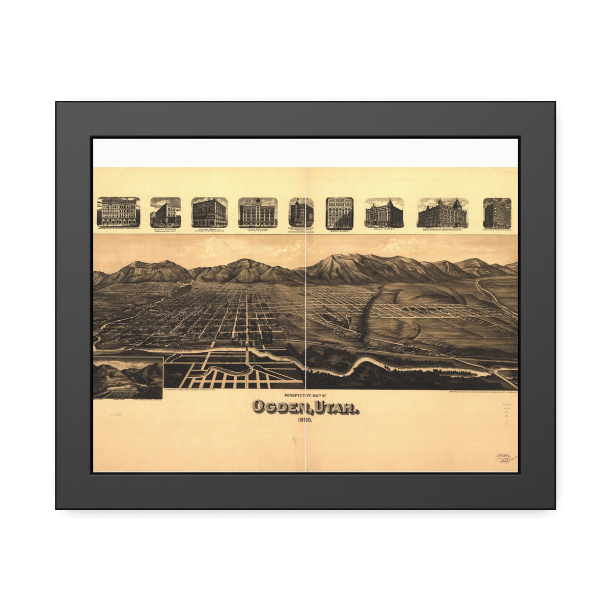 Ogden, Utah 1890 — Framed Bird's-Eye View Map