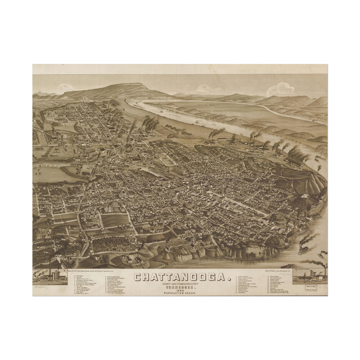 Chattanooga, Tennessee 1886 — Bird's-Eye View Map Print