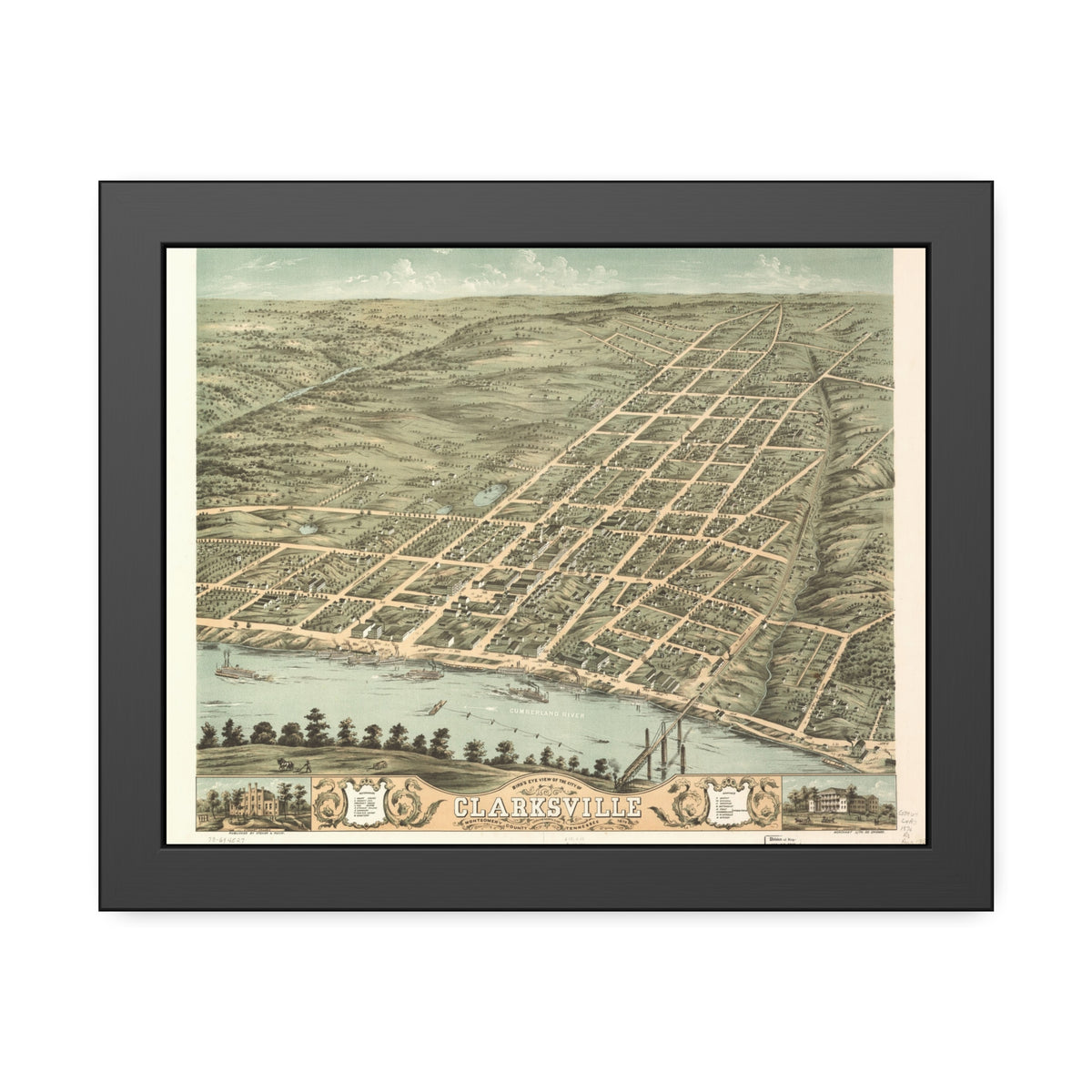 Clarksville, Tennessee 1870 — Framed Bird's-Eye View Map
