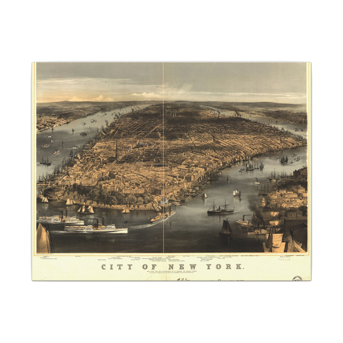New York, New York 1856 — Bird's-Eye View Map on Canvas