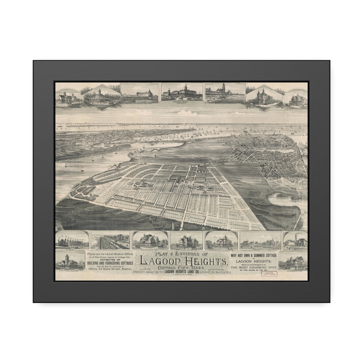 Lagoon Heights, Massachusetts 1880 — Framed Bird's-Eye View Map