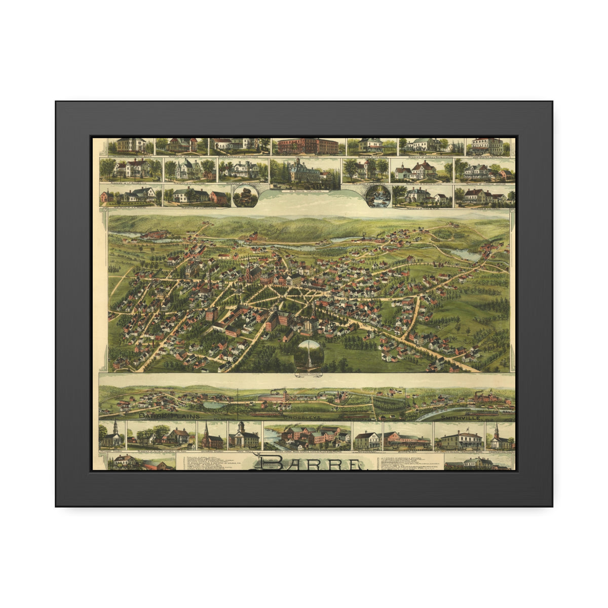 Barre, Massachusetts 1891 — Framed Bird's-Eye View Map