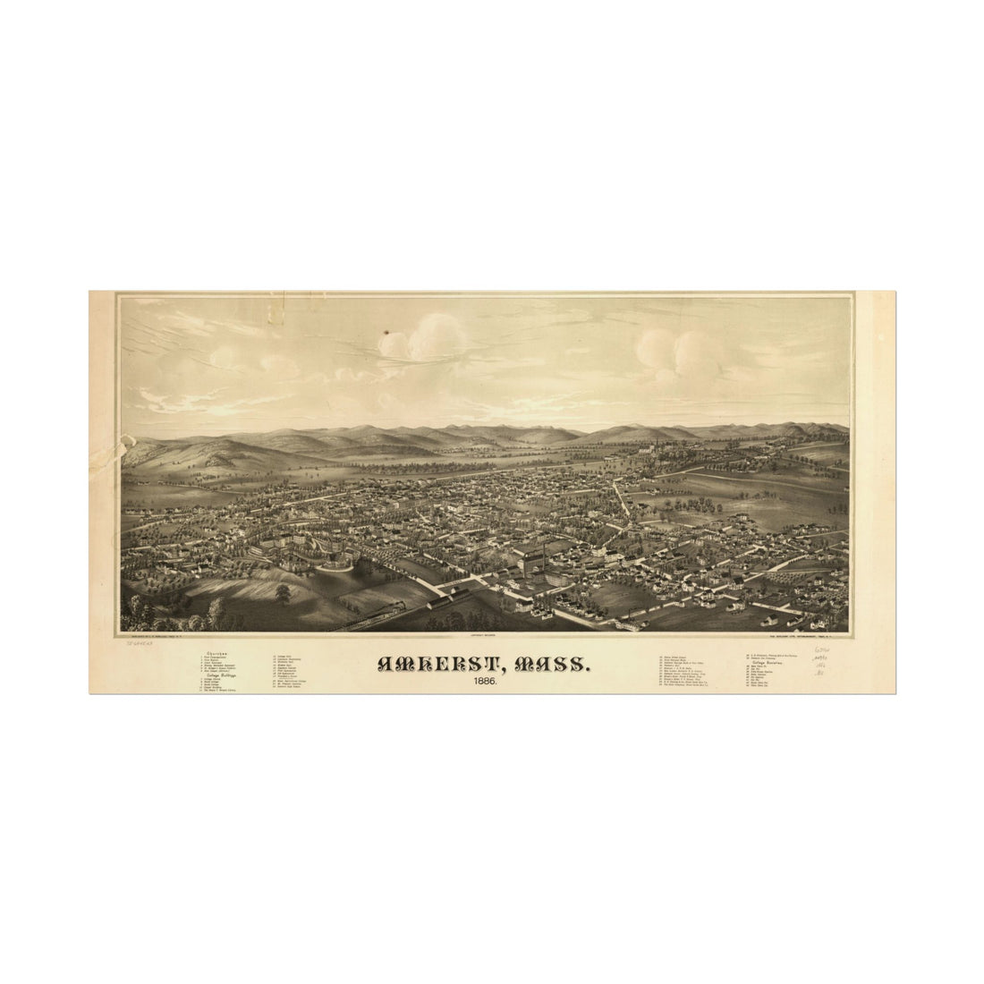 Amherst, Massachusetts 1886 — Bird's-Eye View Map Print