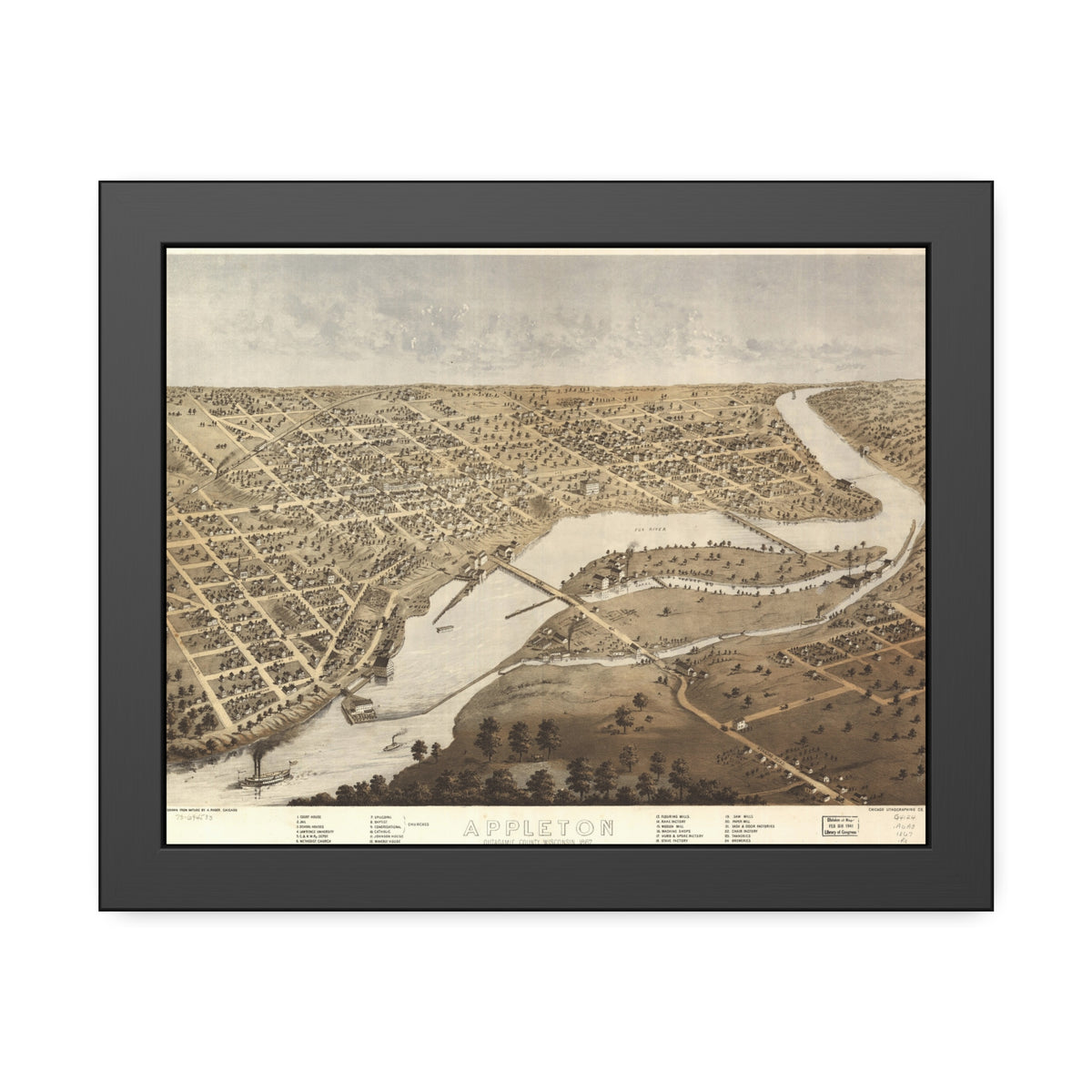 Appleton, Wisconsin 1867 — Framed Bird's-Eye View Map