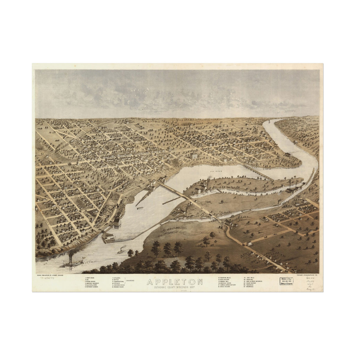 Appleton, Wisconsin 1867 — Bird's-Eye View Map Print