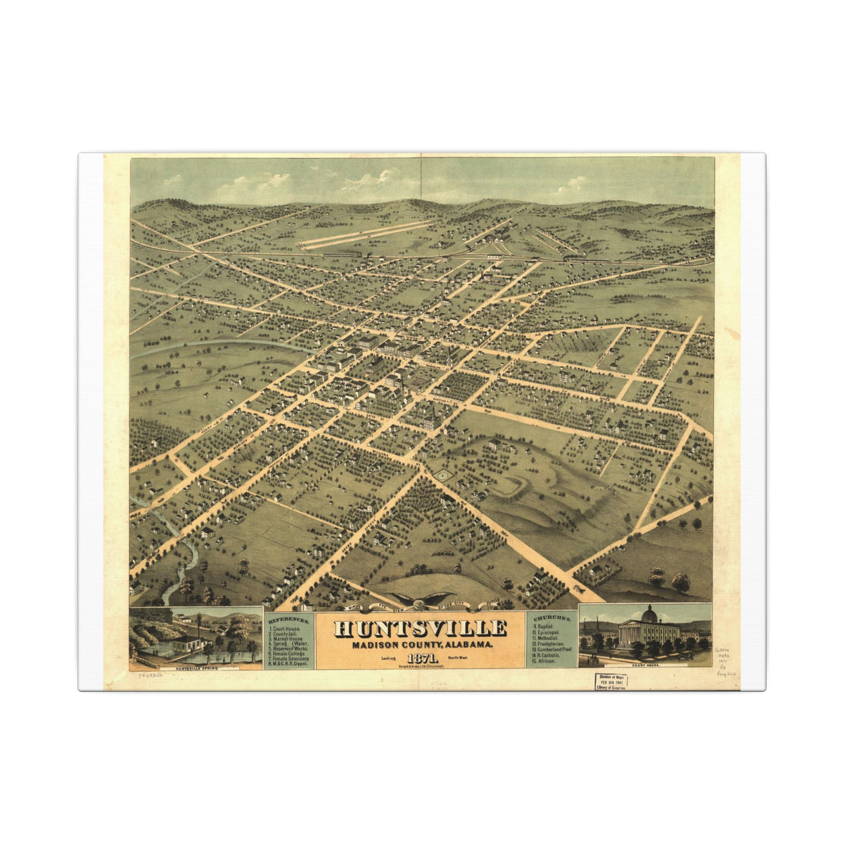Huntsville, Alabama 1871 — Bird's-Eye View Map on Canvas