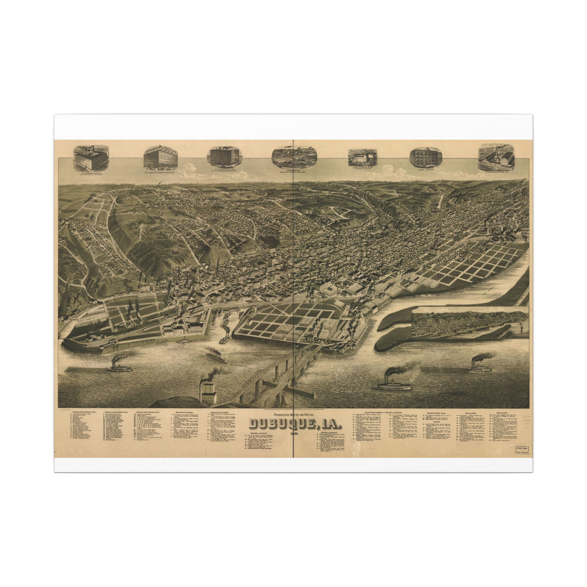Dubuque, Iowa 1889 — Bird's-Eye View Map on Canvas