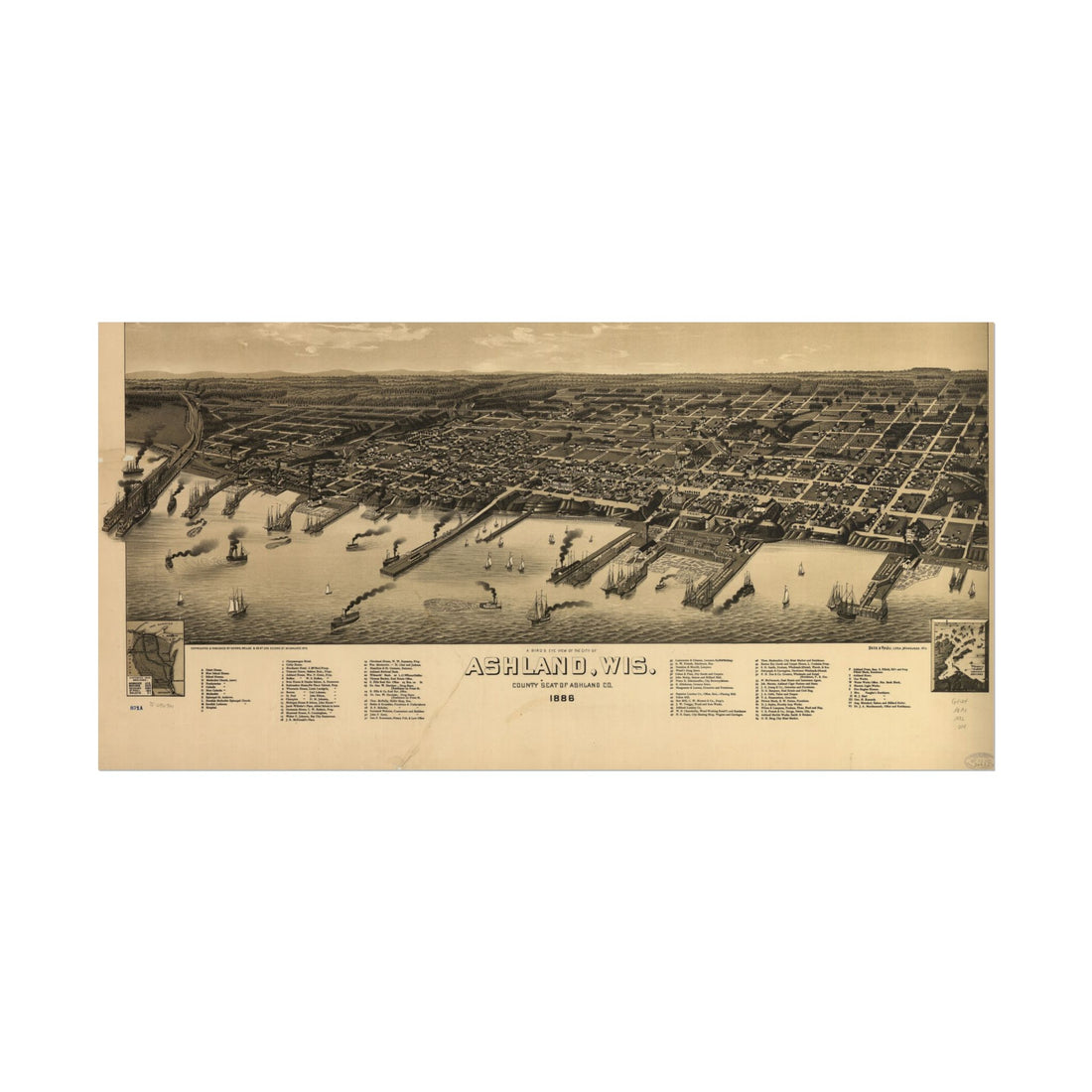 Ashland, Wisconsin 1886 — Bird's-Eye View Map Print