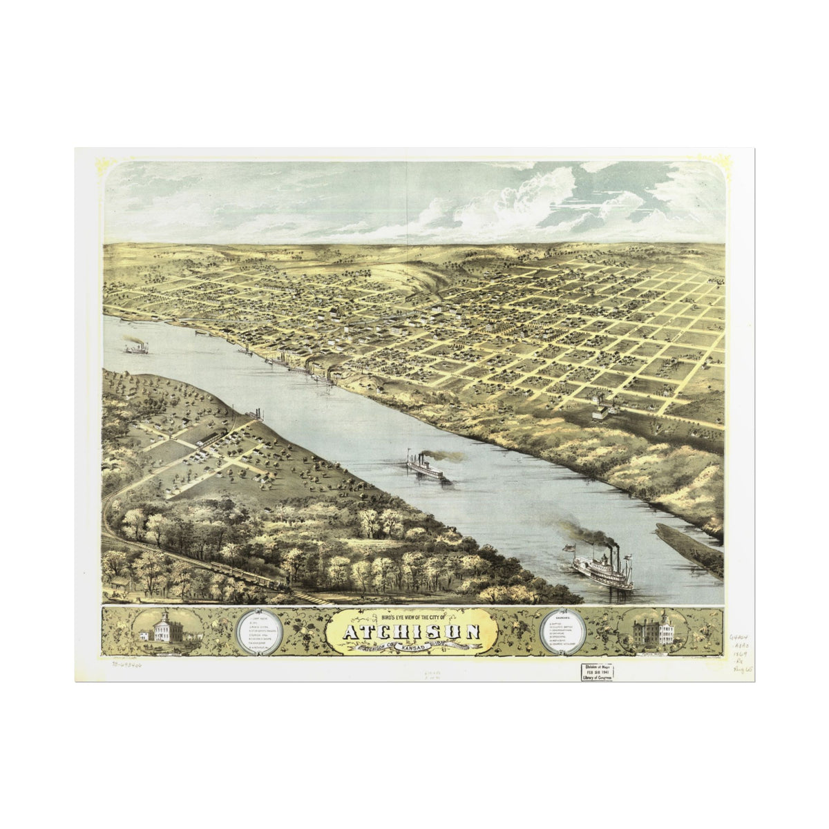 Atchison, Kansas 1869 — Bird's-Eye View Map Print