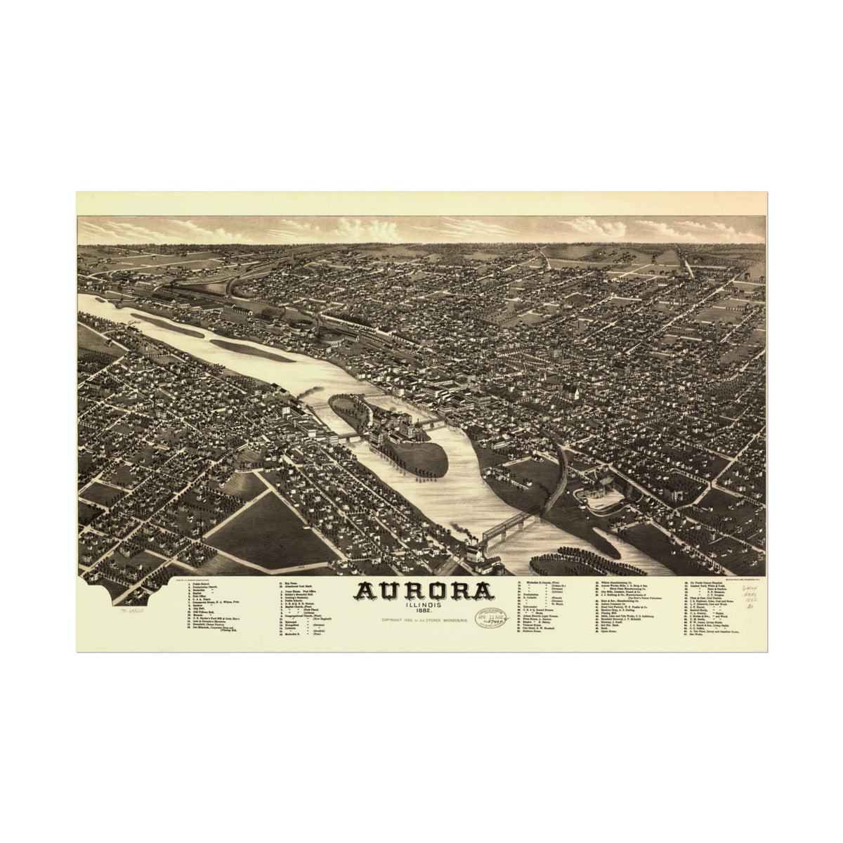 Aurora, Illinois 1882 — Bird's-Eye View Map Print