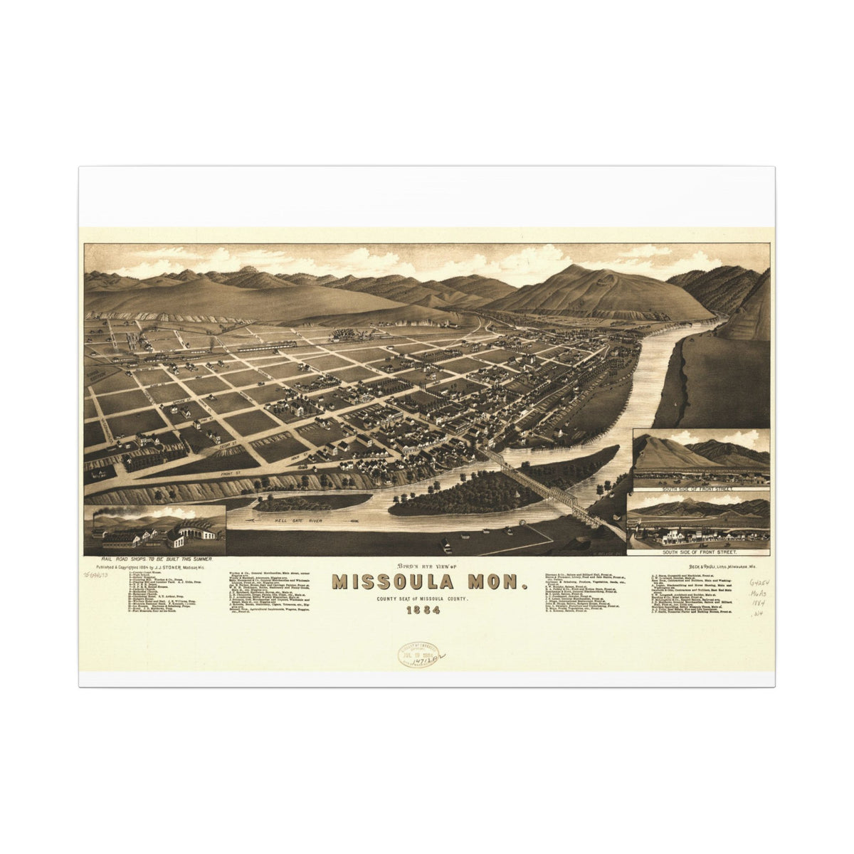 Missoula, Montana 1884 — Bird's-Eye View Map on Canvas