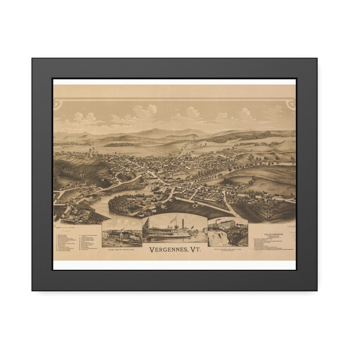 Vergennes, Vermont 1890 — Framed Bird's-Eye View Map