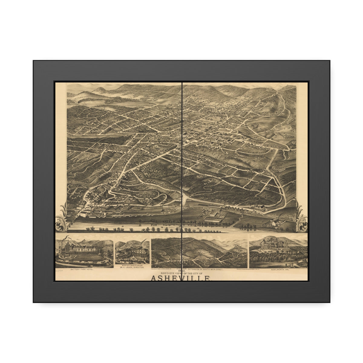 Asheville, North Carolina 1891 — Framed Bird's-Eye View Map