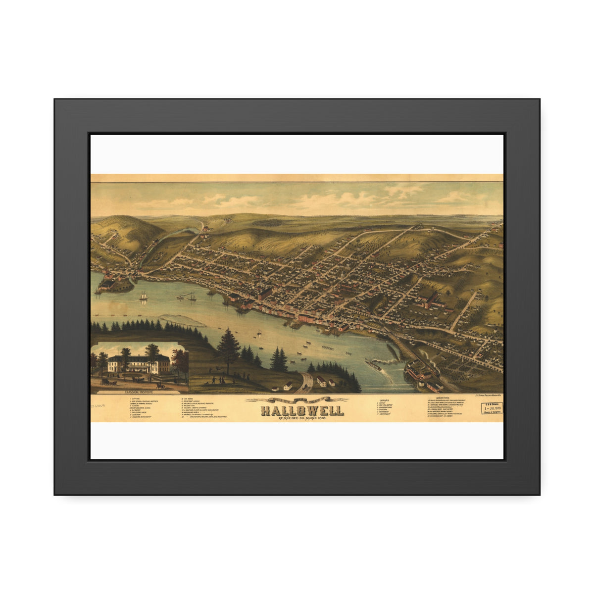 Hallowell, Maine 1878 — Framed Bird's-Eye View Map