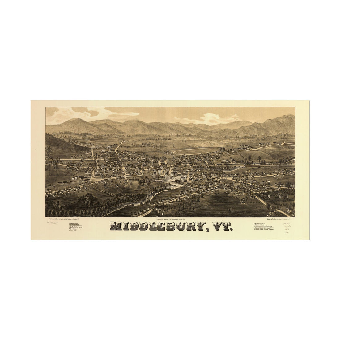 Middlebury, Vermont 1886 — Bird's-Eye View Map Print