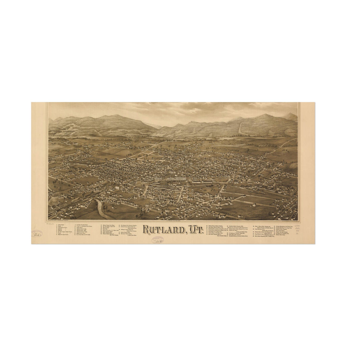 Rutland, Vermont 1885 — Bird's-Eye View Map Print