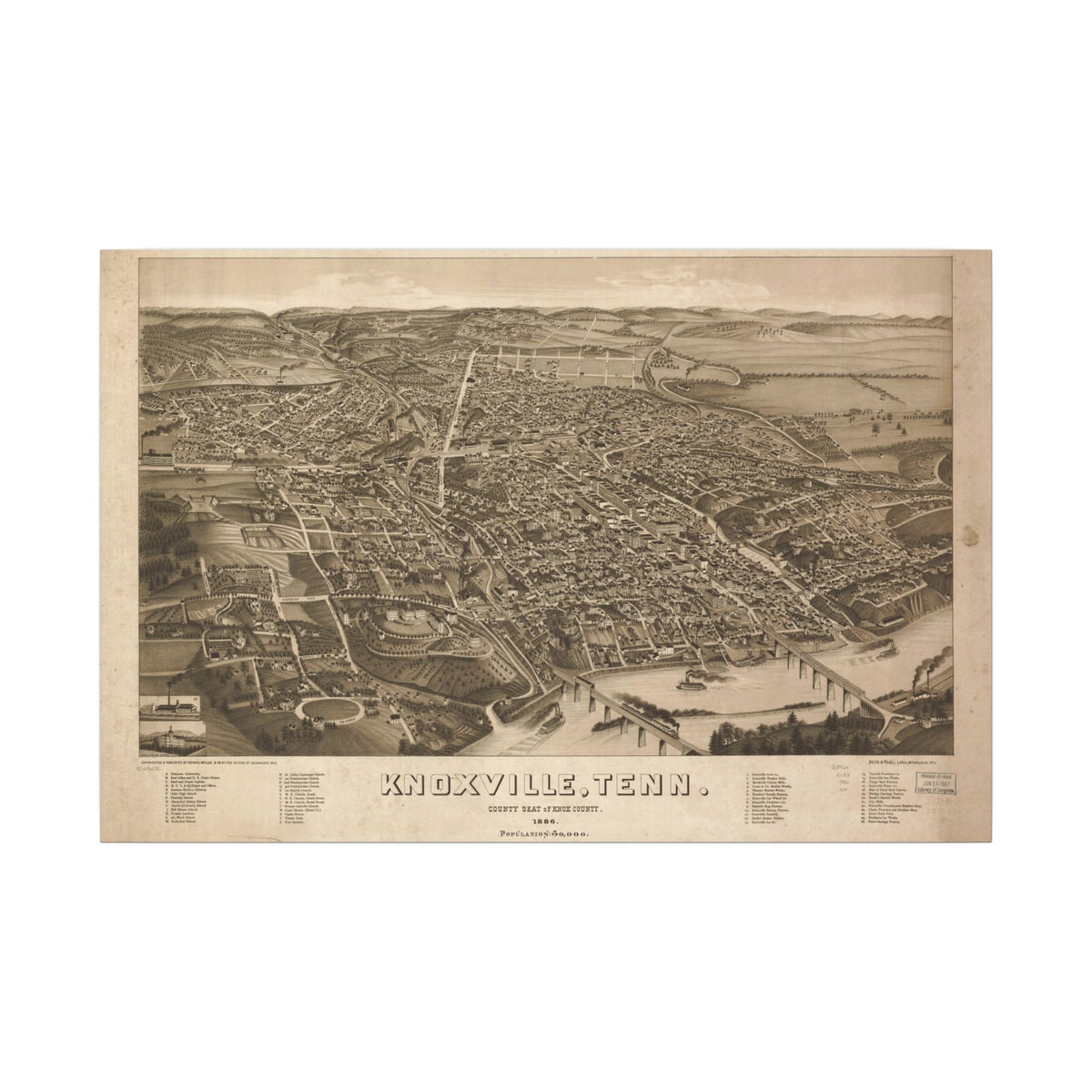 Knoxville, Tennessee 1886 — Bird's-Eye View Map on Canvas