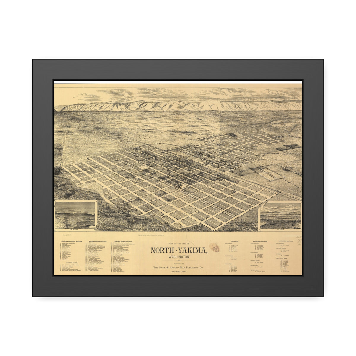Yakima, Washington 1889 — Framed Bird's-Eye View Map
