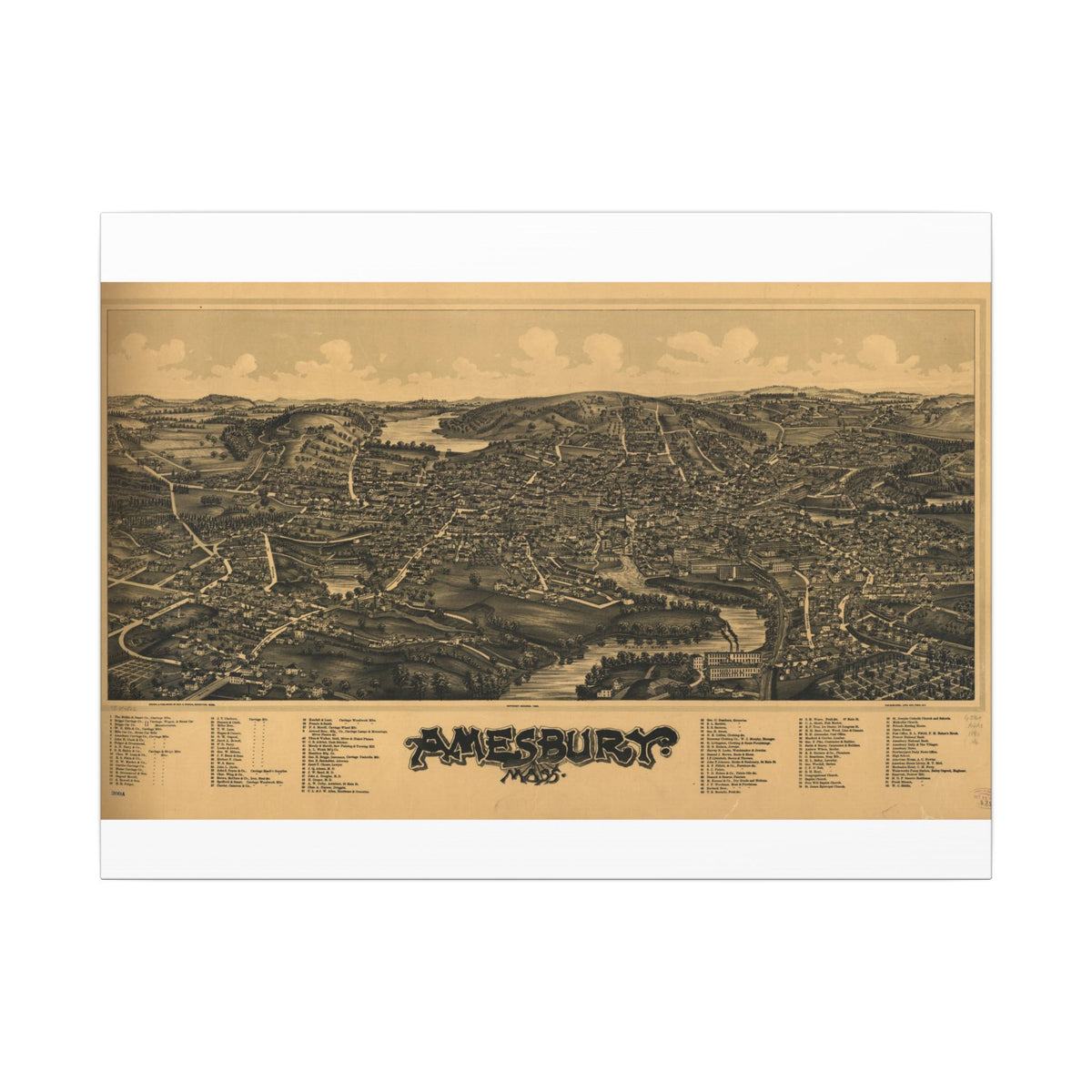Amesbury, Massachusetts 1890 — Bird's-Eye View Map on Canvas