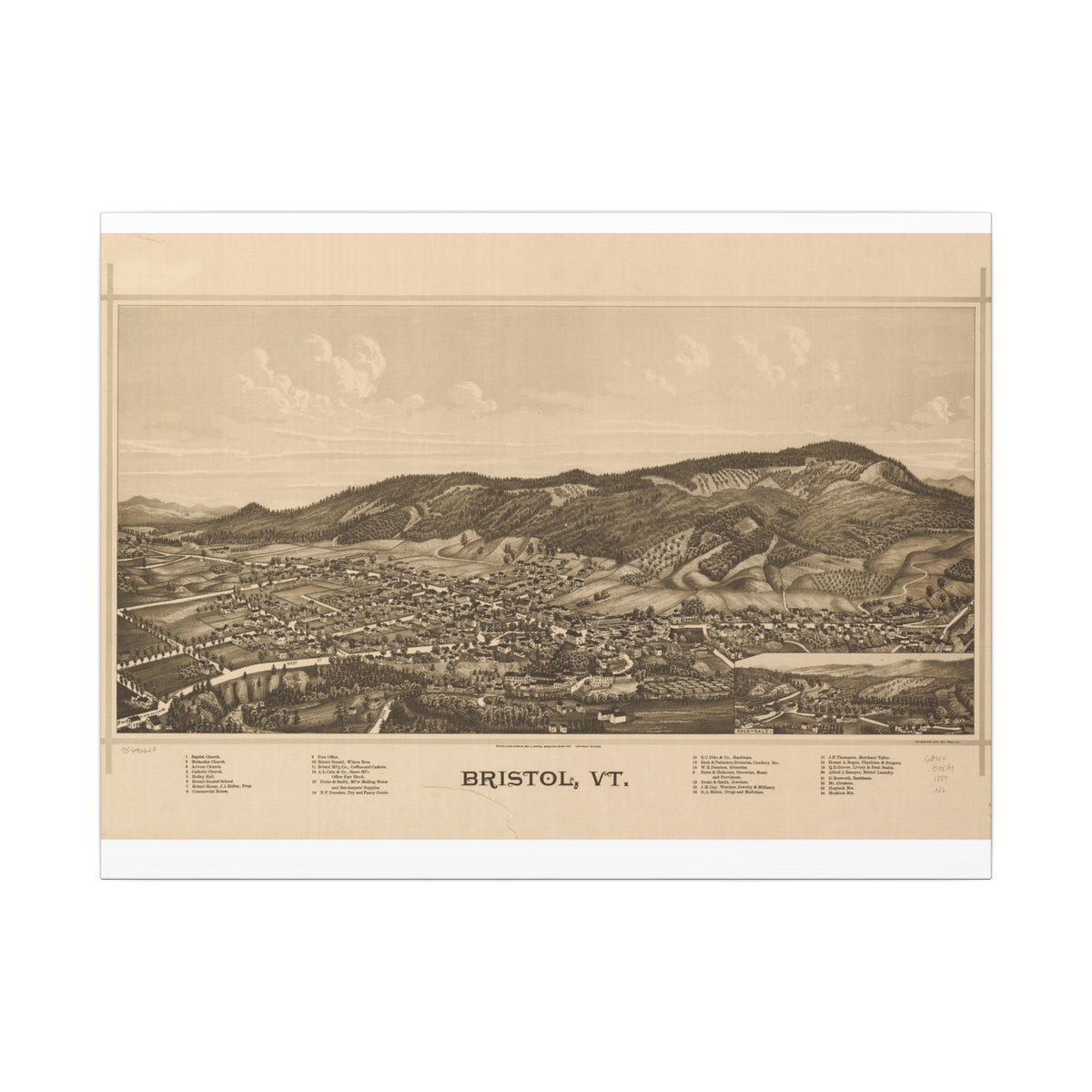 Bristol, Vermont 1889 — Bird's-Eye View Map on Canvas