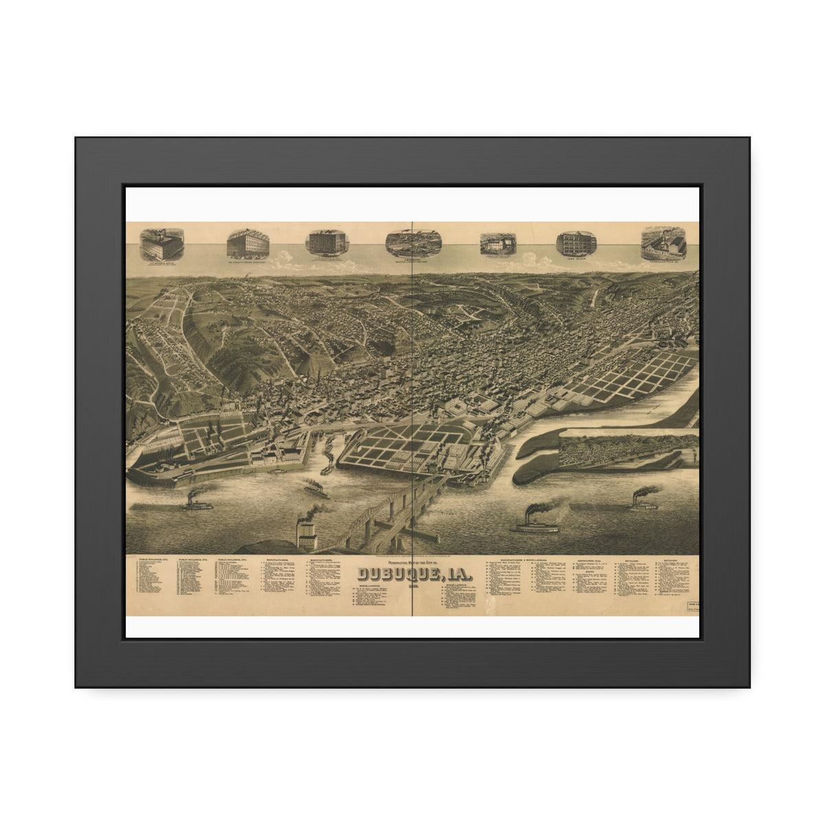 Dubuque, Iowa 1889 — Framed Bird's-Eye View Map