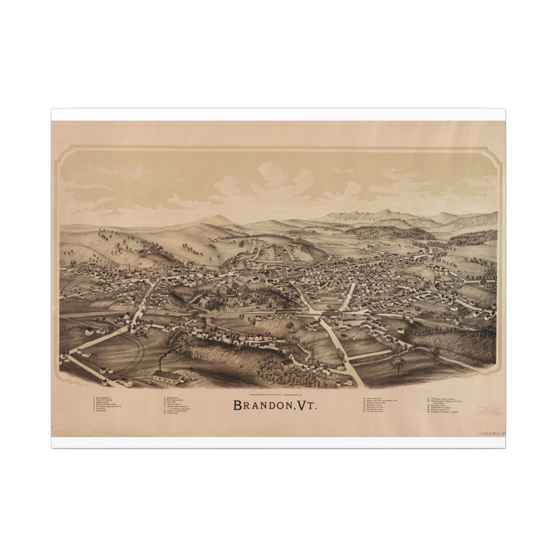 Brandon, Vermont 1890 — Bird's-Eye View Map on Canvas