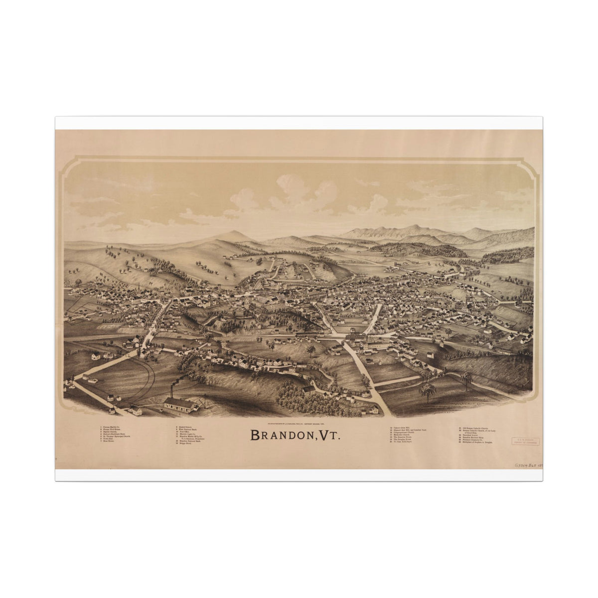 Brandon, Vermont 1890 — Bird's-Eye View Map on Canvas